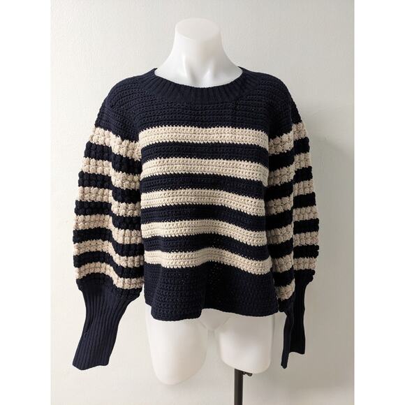 Sea Size XL Reese Popcorn Sweater Navy Cream Striped 100% Wool Knit Long Sleeves - Picture 6 of 12